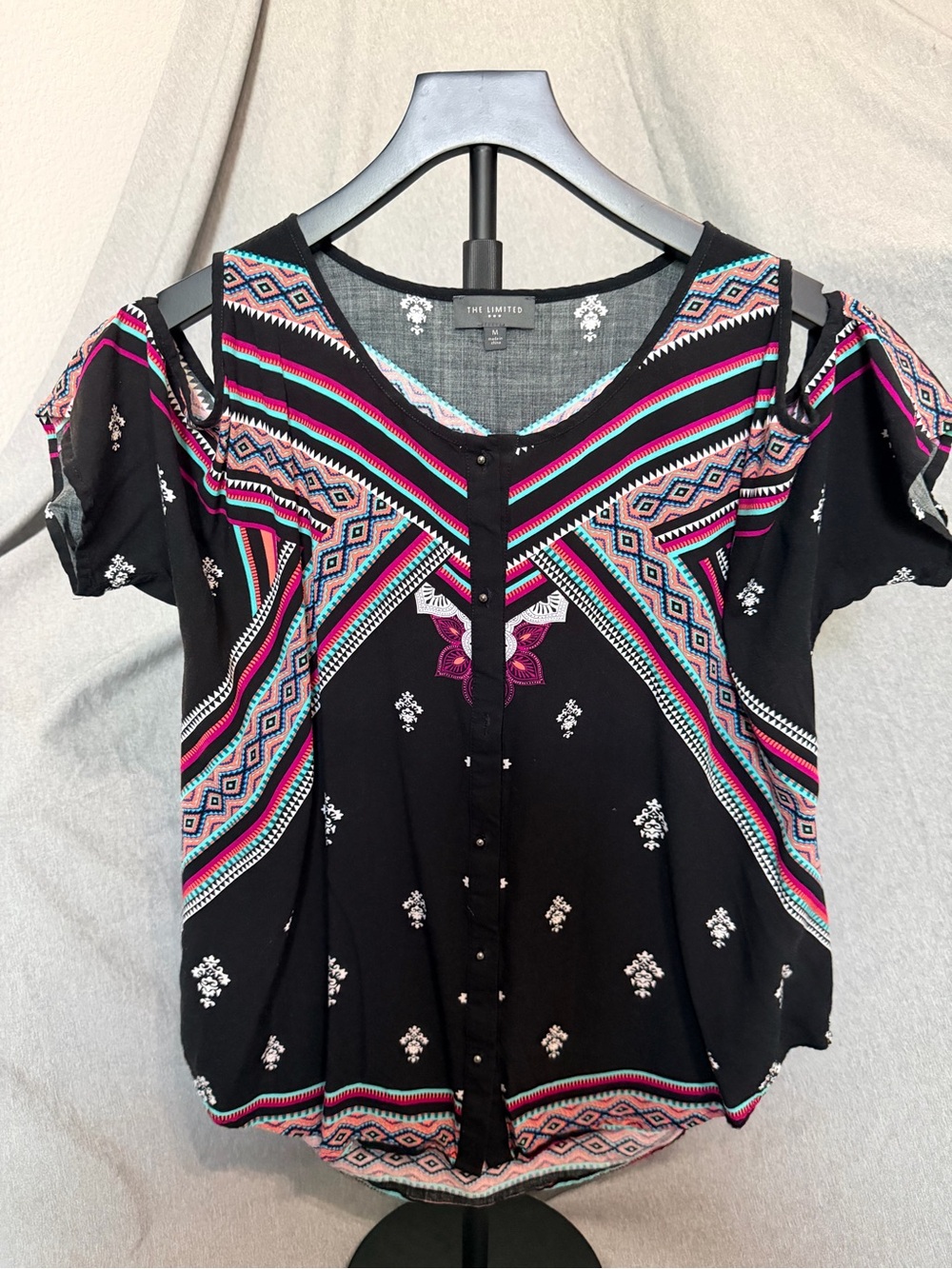 The Limited Black Button-Front Cold-Shoulder Top with Pink & Teal Geometric Trim